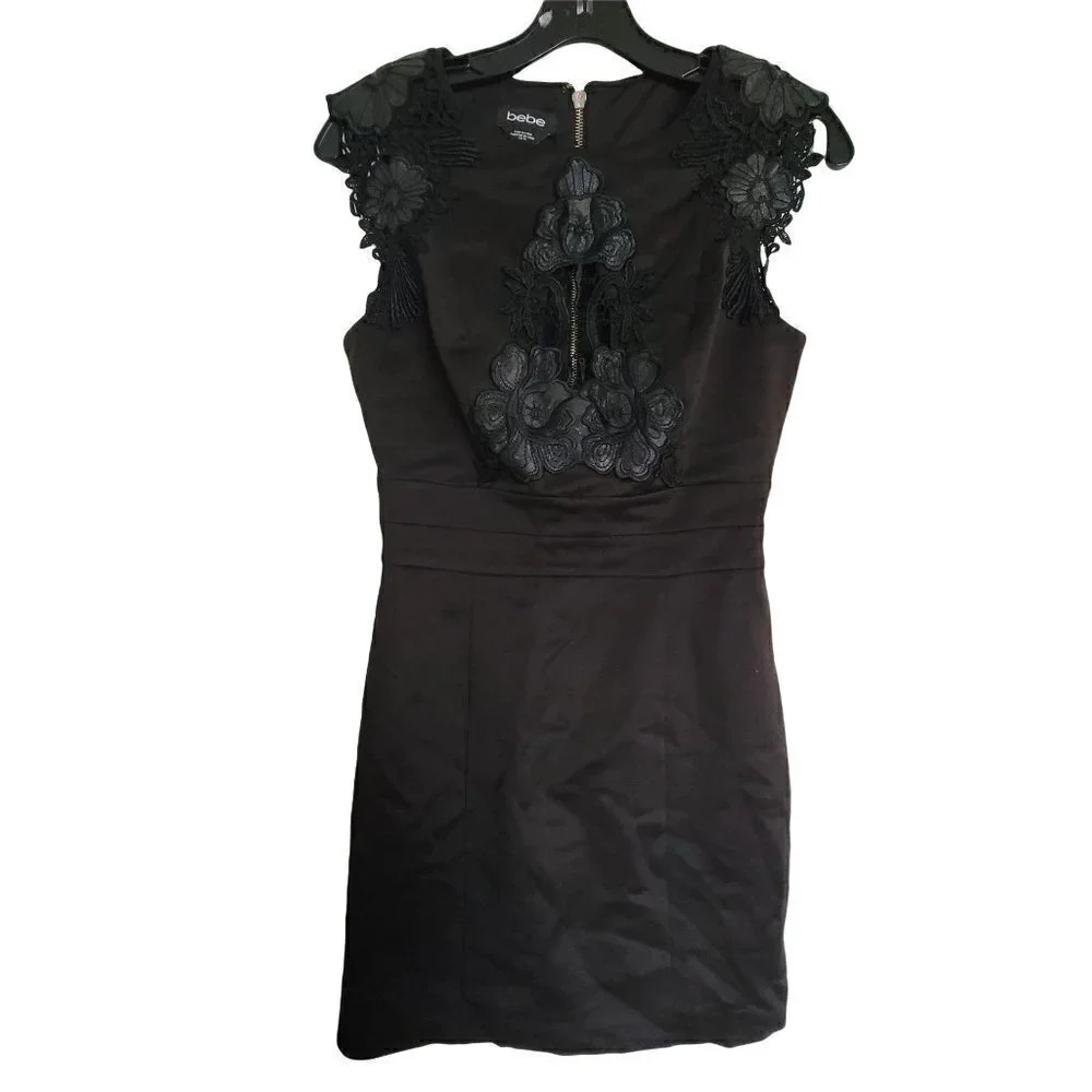 Bebe Black Floral Lace Cap Sleeve Exposed Back Silver Zipper Satin Mini Dress XS